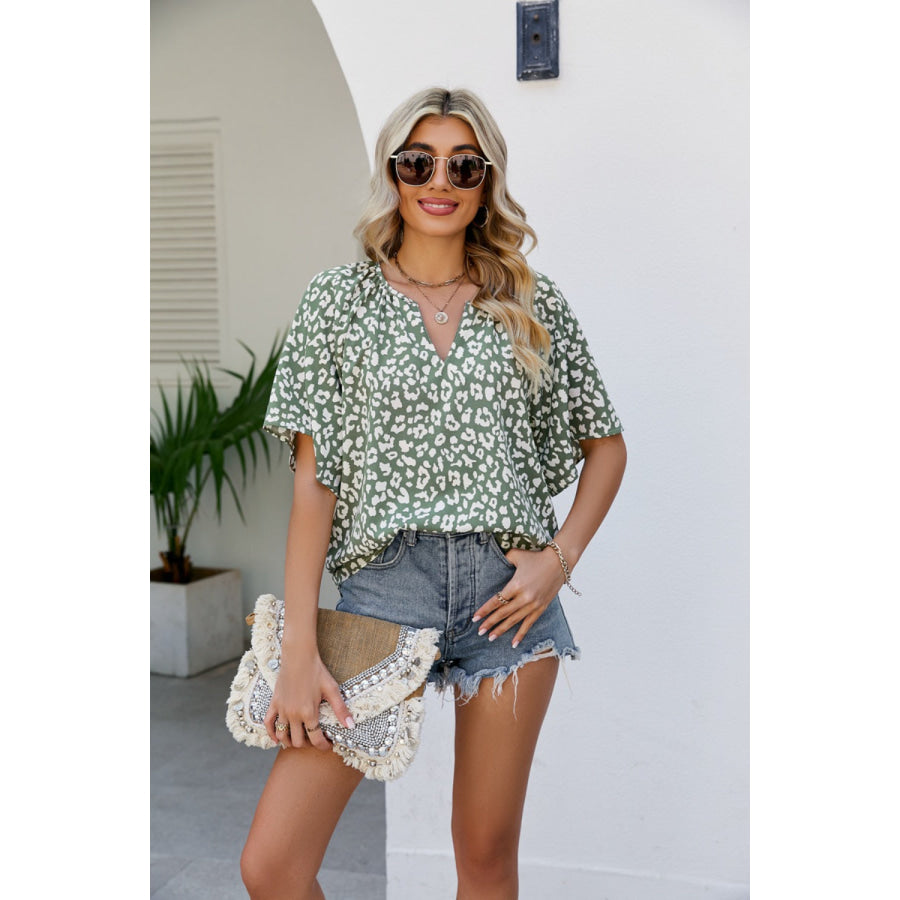Leopard Notched Half Sleeve Blouse Apparel and Accessories
