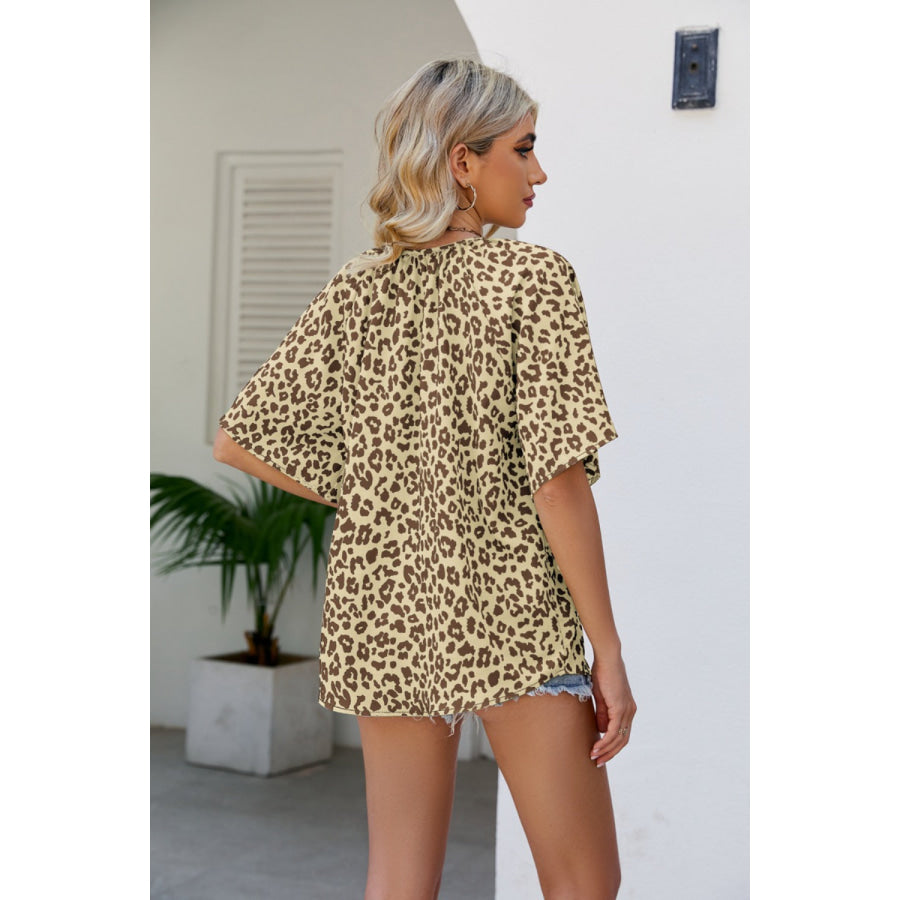 Leopard Notched Half Sleeve Blouse Apparel and Accessories