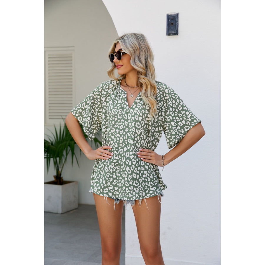 Leopard Notched Half Sleeve Blouse Apparel and Accessories