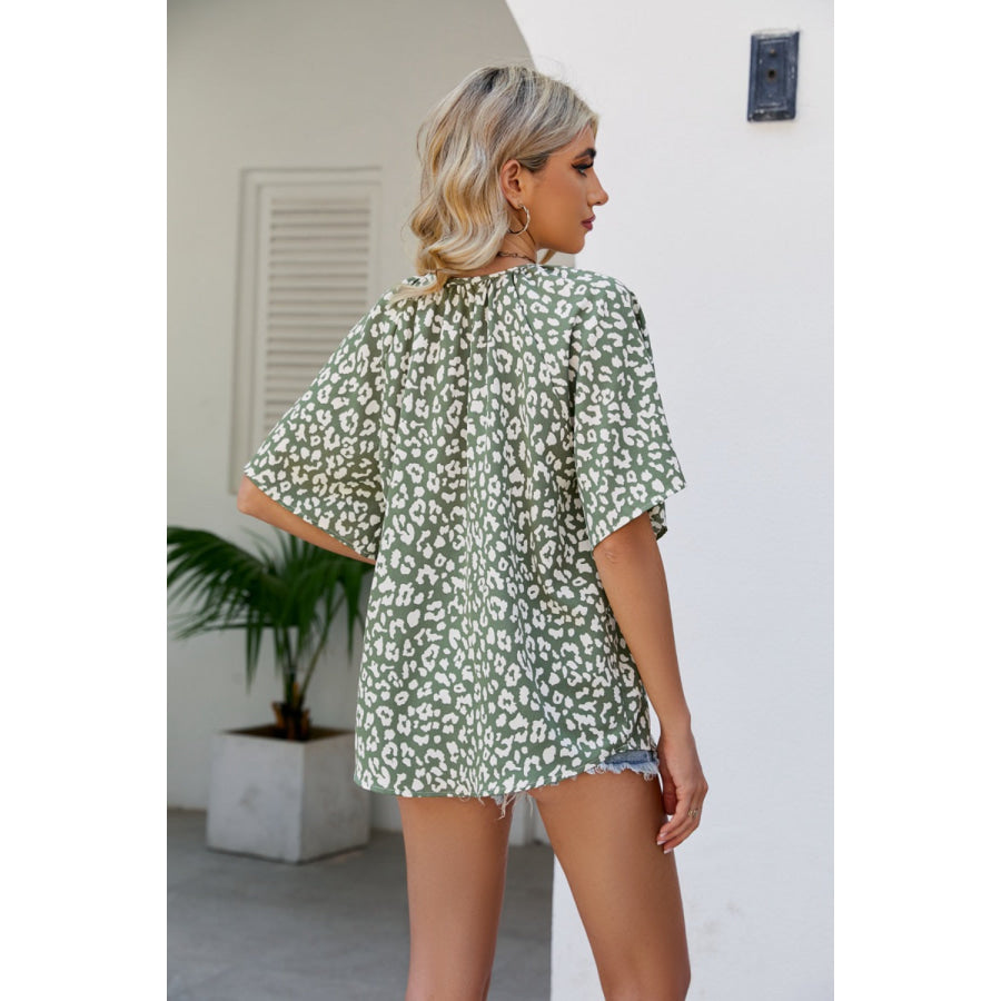 Leopard Notched Half Sleeve Blouse Apparel and Accessories