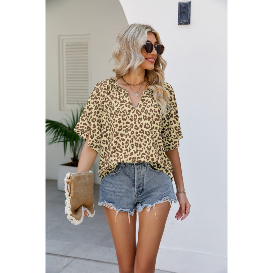 Leopard Notched Half Sleeve Blouse Tan / S Apparel and Accessories