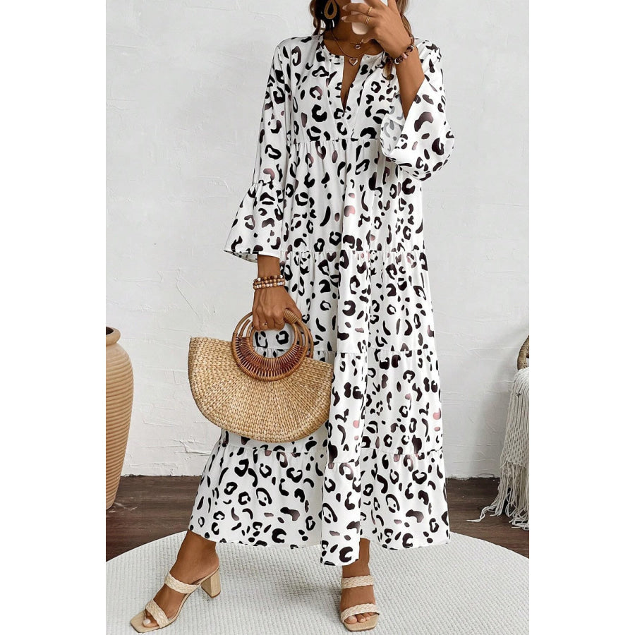 Leopard Notched Long Sleeve Dress Apparel and Accessories