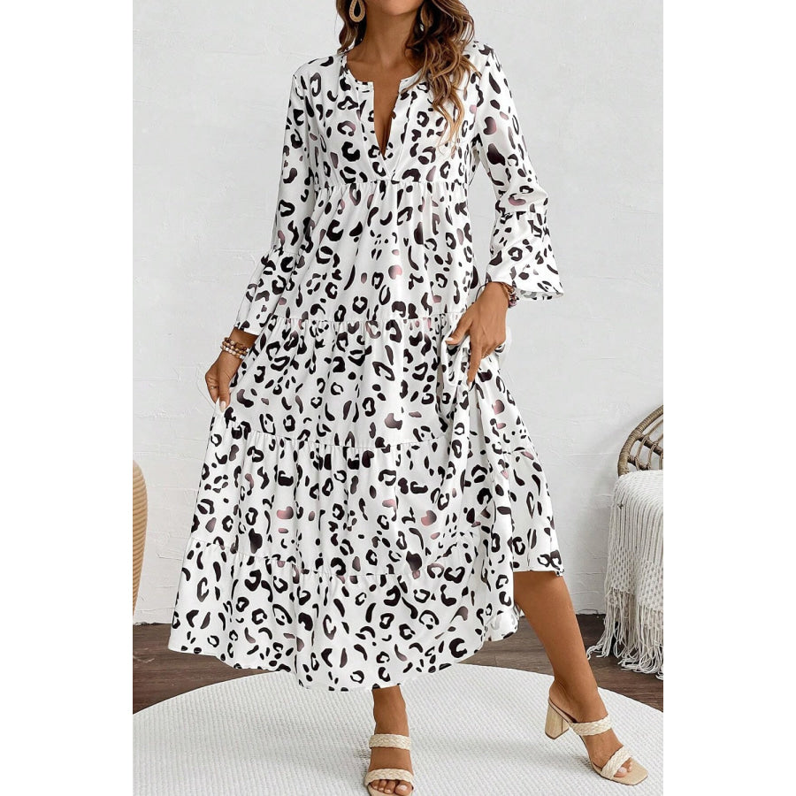 Leopard Notched Long Sleeve Dress Apparel and Accessories