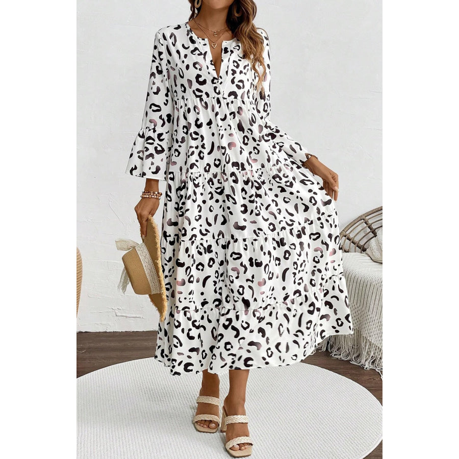 Leopard Notched Long Sleeve Dress White / S Apparel and Accessories