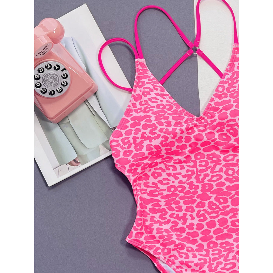 Leopard Plunge Spaghetti Strap One-Piece Swimwear Apparel and Accessories
