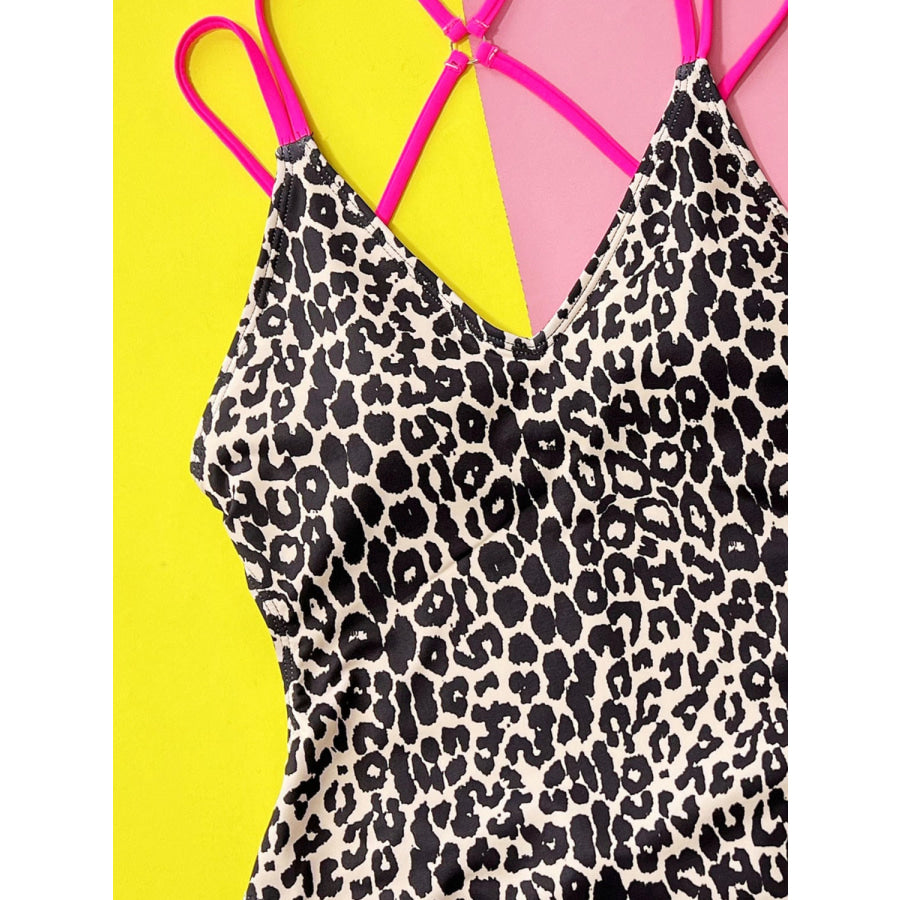 Leopard Plunge Spaghetti Strap One-Piece Swimwear Apparel and Accessories