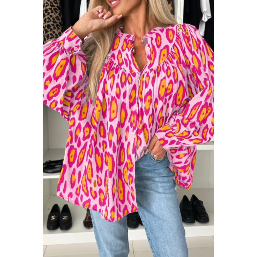 Leopard Print Button Down Long Sleeve Shirt Hot Pink / S Apparel and Accessories