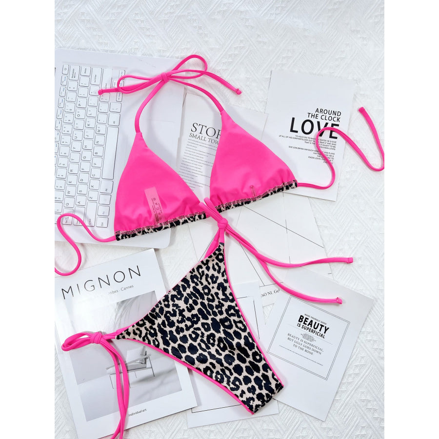 Leopard Print Halter Neck Tie Side Bikini Set