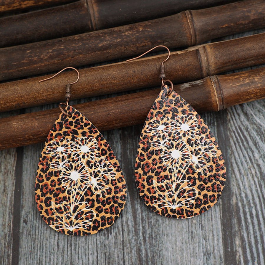 Leopard PU Leather Teardrop Shape Earrings Brown / One Size Apparel and Accessories
