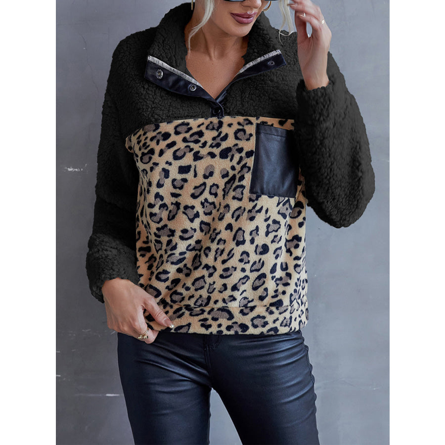Leopard Quarter-Snap Teddy Sweatshirt Black / S