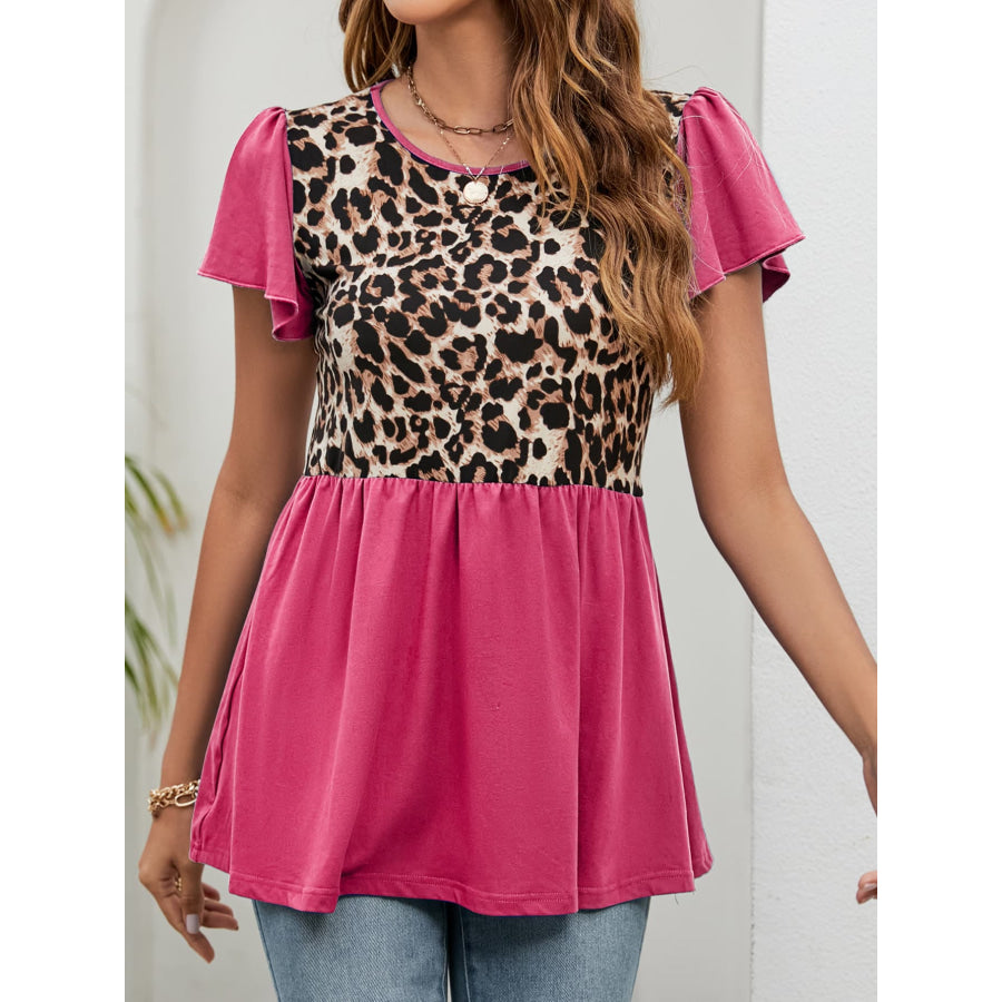 Leopard Round Neck Flutter Sleeve Babydoll Blouse Deep Rose / S