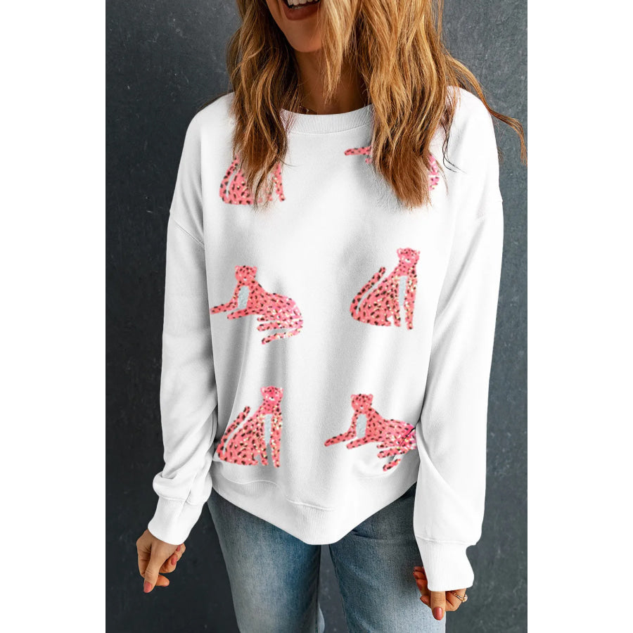 Leopard Round Neck Long Sleeve Sweatshirt Apparel and Accessories
