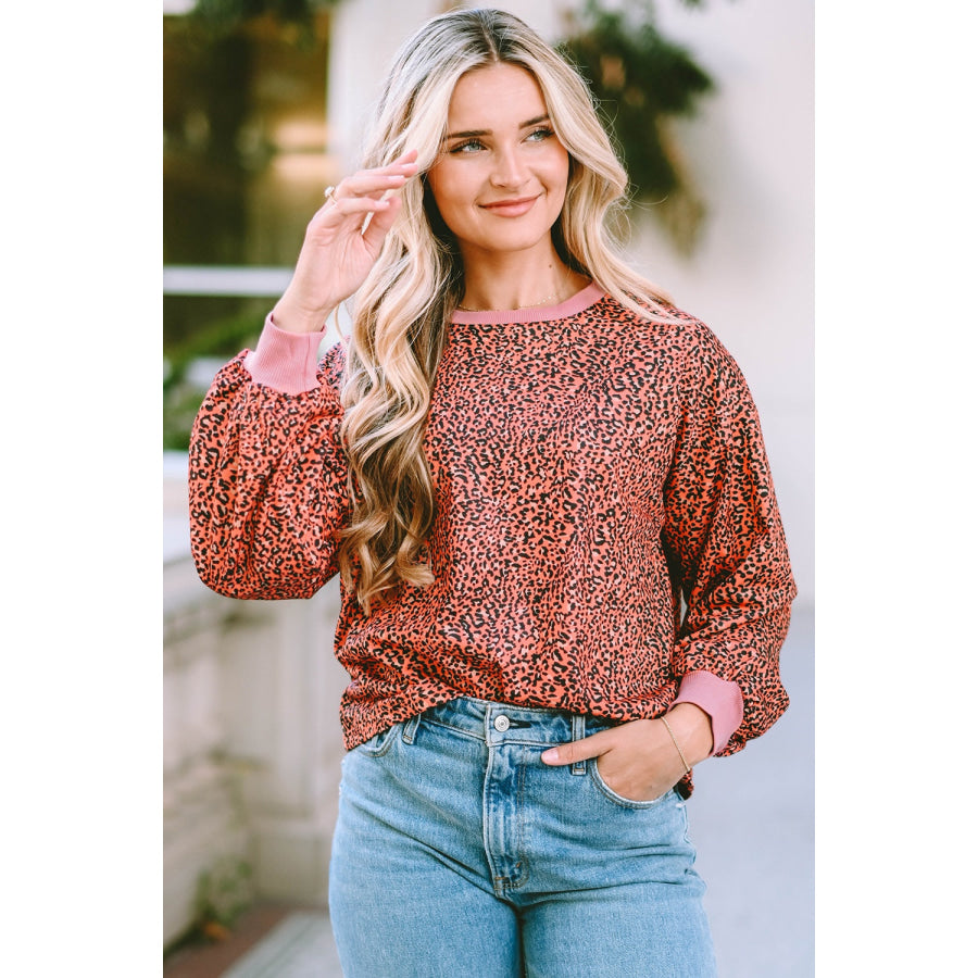 Leopard Round Neck Long Sleeve Sweatshirt Apparel and Accessories