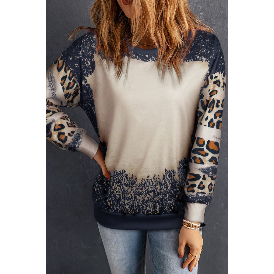 Leopard Round Neck Long Sleeve Sweatshirt Black / S Apparel and Accessories