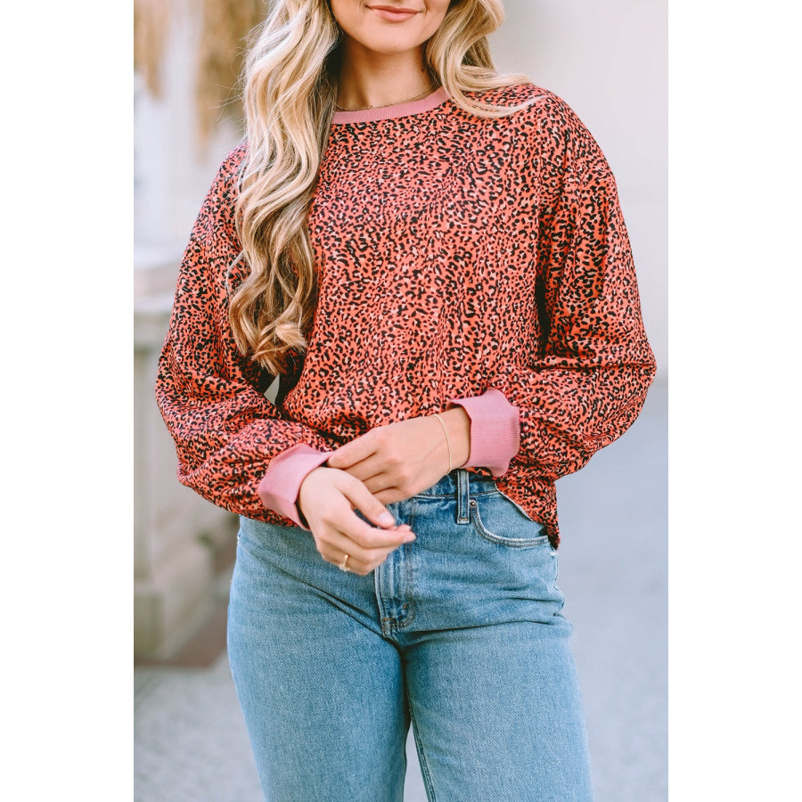 Leopard Round Neck Long Sleeve Sweatshirt Leopard / S Apparel and Accessories