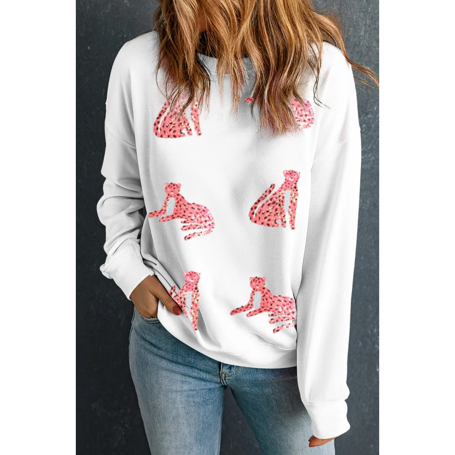 Leopard Round Neck Long Sleeve Sweatshirt White / S Apparel and Accessories