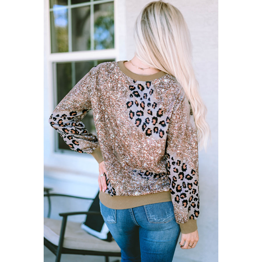 Leopard Round Neck Long Sleeve T-Shirt Apparel and Accessories