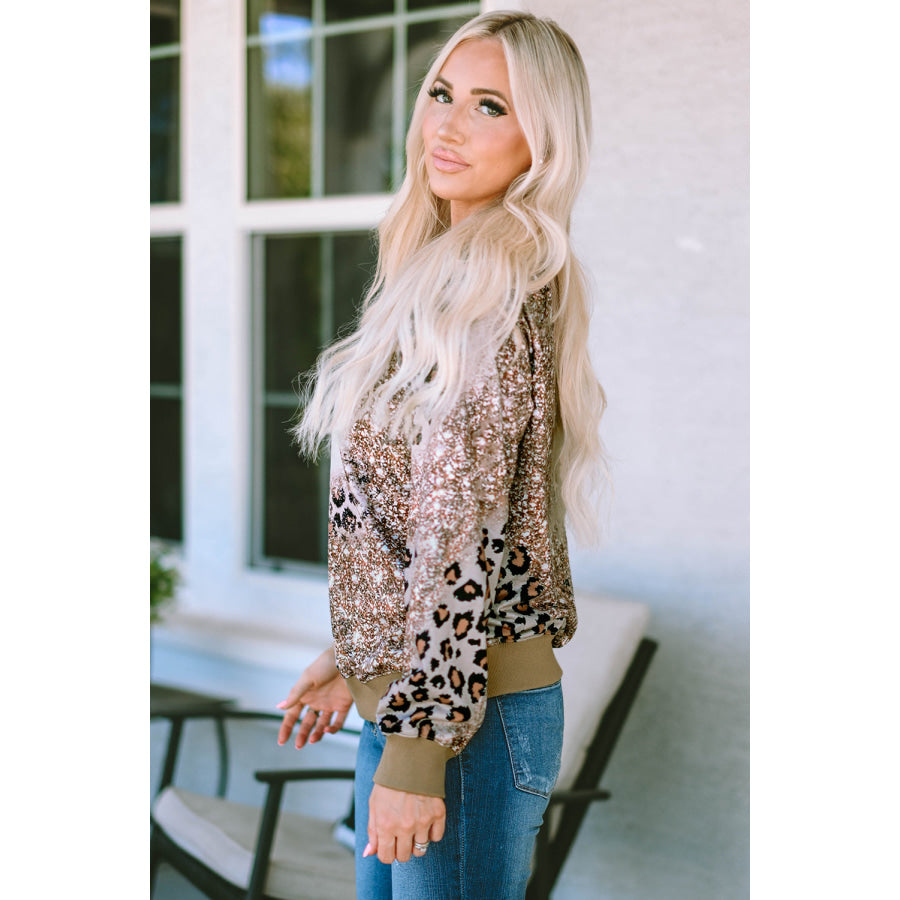 Leopard Round Neck Long Sleeve T-Shirt Apparel and Accessories