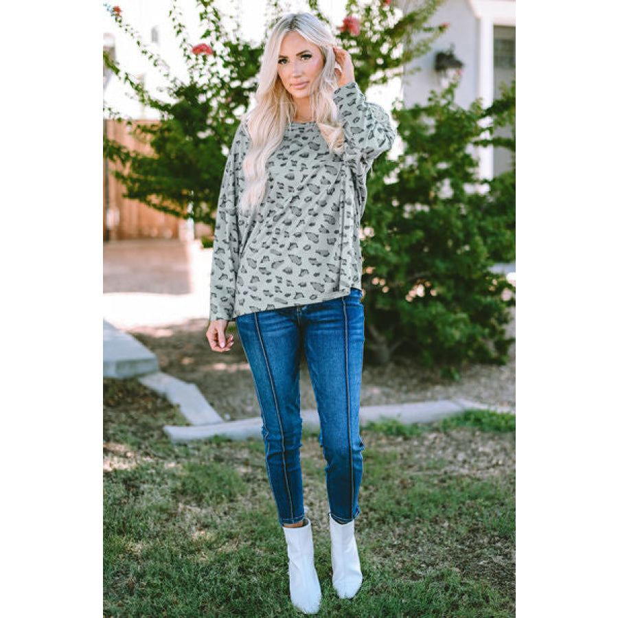 Leopard Round Neck Long Sleeve T-Shirt Apparel and Accessories