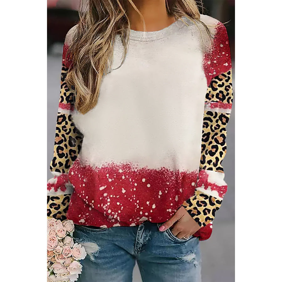 Leopard Round Neck Long Sleeve T-Shirt Burgundy / S Apparel and Accessories