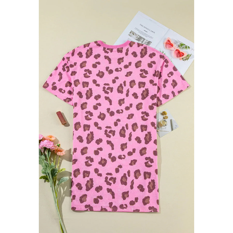 Leopard Round Neck Mini Tee Dress Pink / S Apparel and Accessories