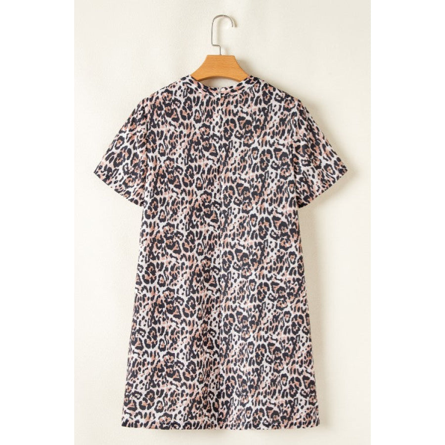 Leopard Round Neck Short Sleeve Mini Dress Apparel and Accessories