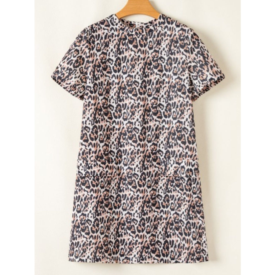 Leopard Round Neck Short Sleeve Mini Dress Apparel and Accessories