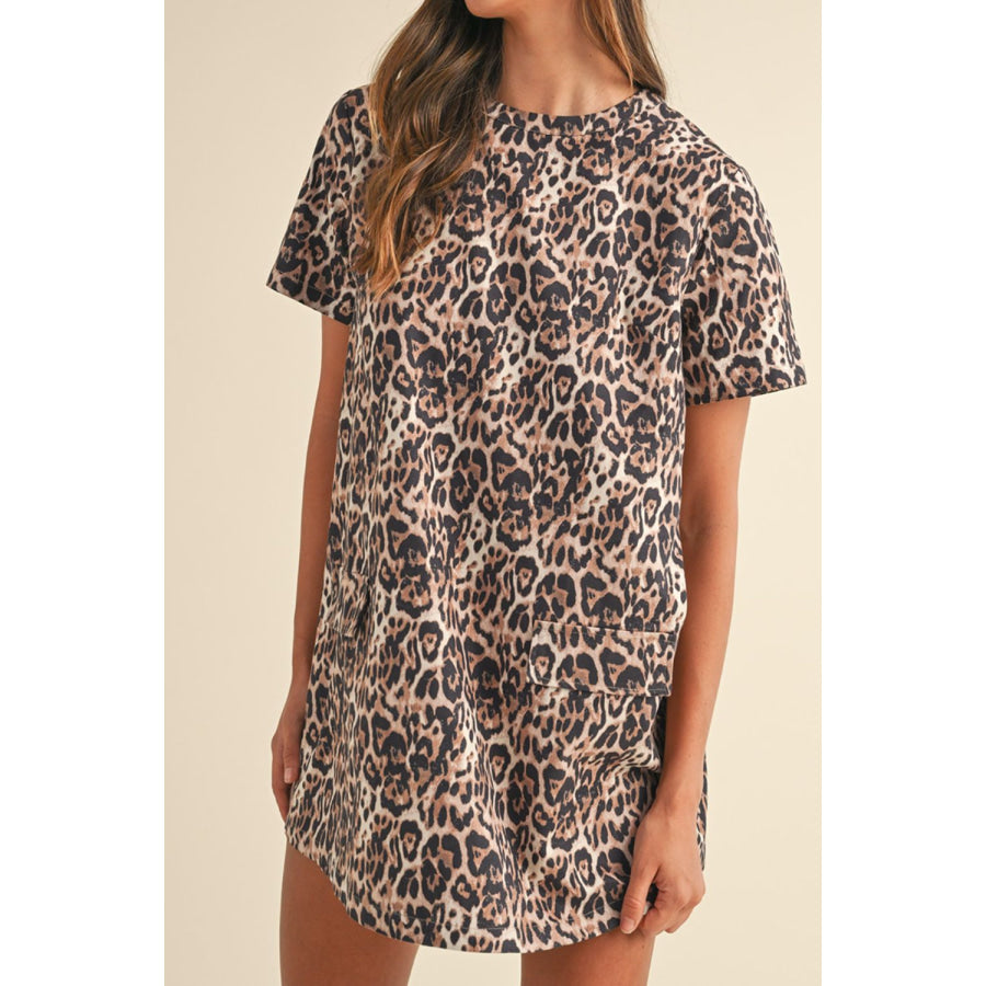 Leopard Round Neck Short Sleeve Mini Dress Apparel and Accessories