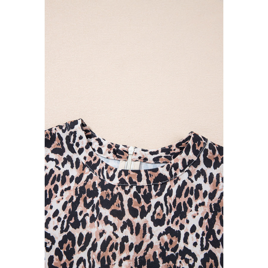 Leopard Round Neck Short Sleeve Mini Dress Apparel and Accessories