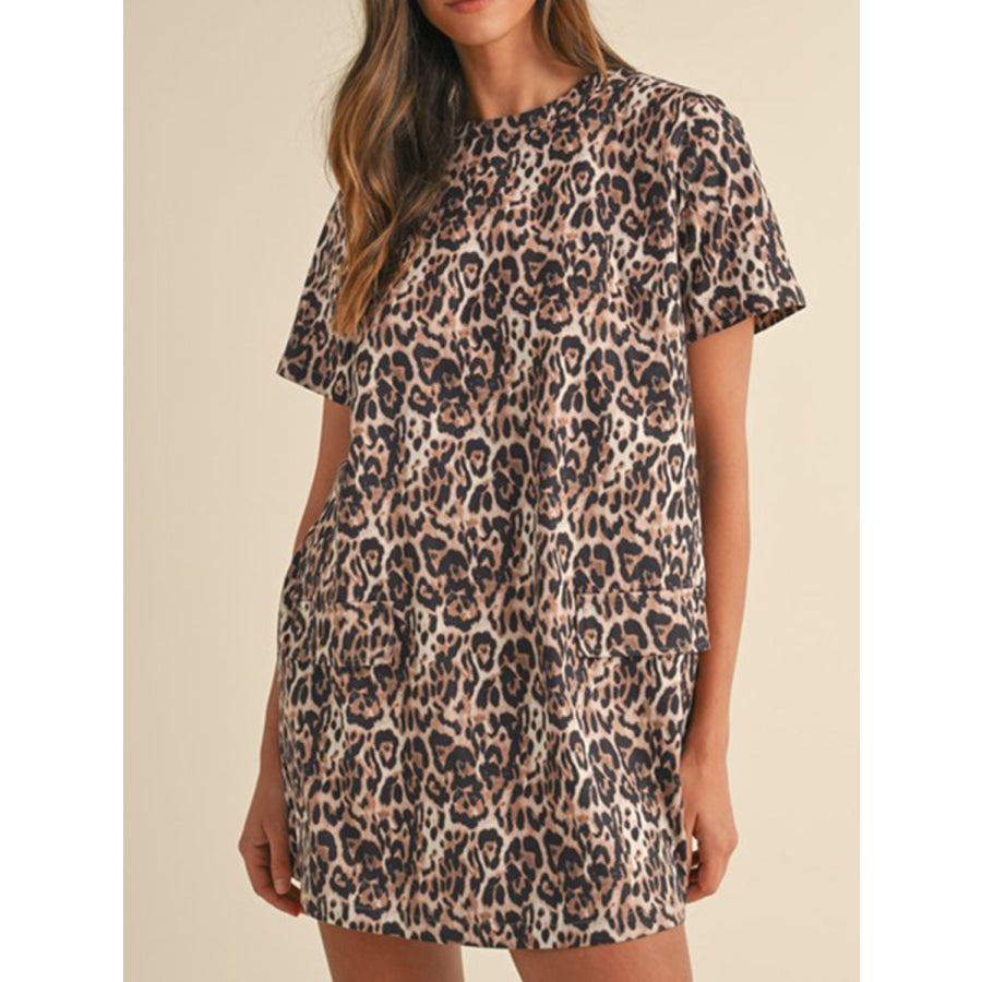 Leopard Round Neck Short Sleeve Mini Dress Leopard / S Apparel and Accessories