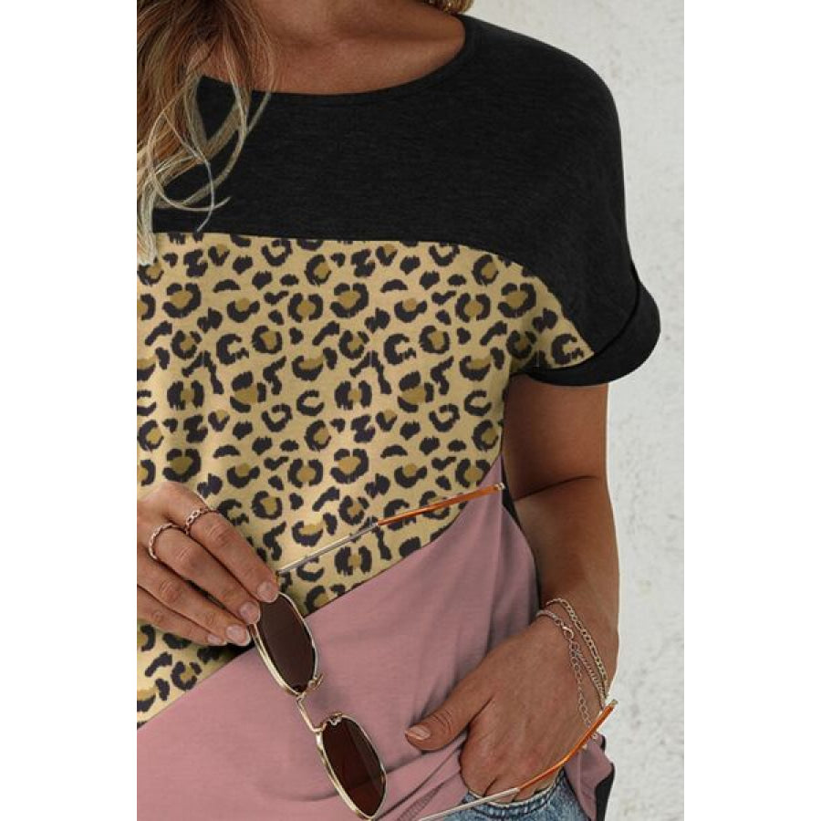 Leopard Round Neck Short Sleeve T - Shirt Apparel and Accessories