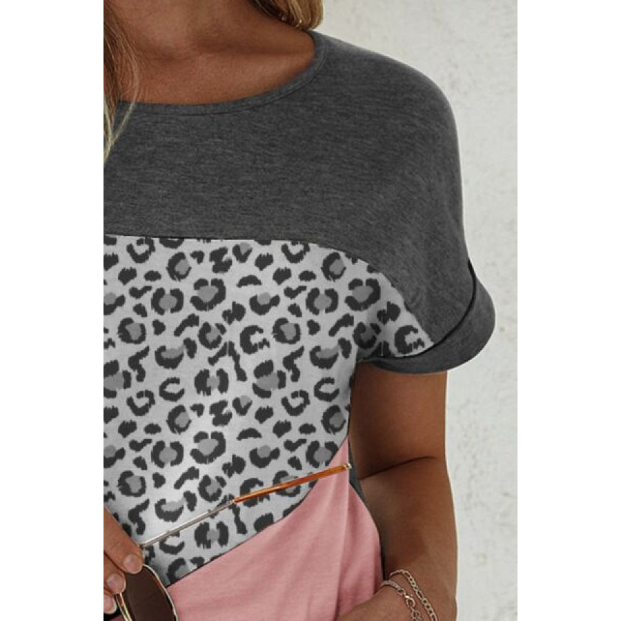 Leopard Round Neck Short Sleeve T - Shirt Apparel and Accessories