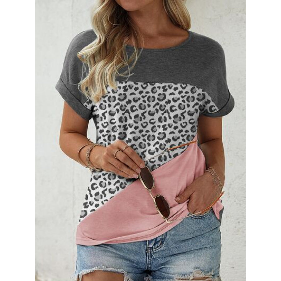 Leopard Round Neck Short Sleeve T - Shirt Charcoal / S Apparel and Accessories