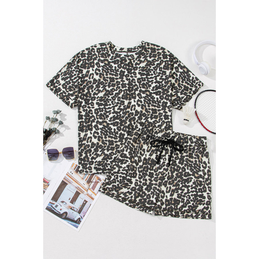 Leopard Round Neck Top and Shorts Set Apparel and Accessories