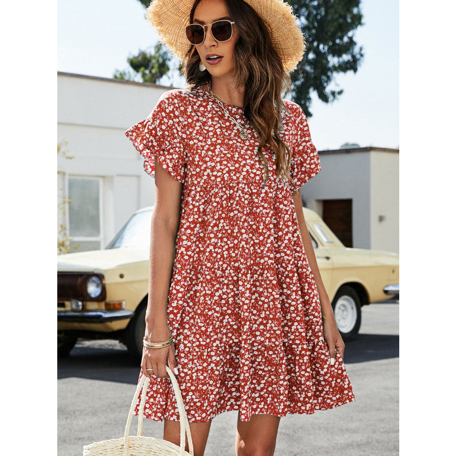 Leopard Short Flounce Sleeve Tiered Dress