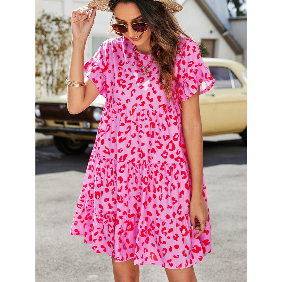 Leopard Short Flounce Sleeve Tiered Dress