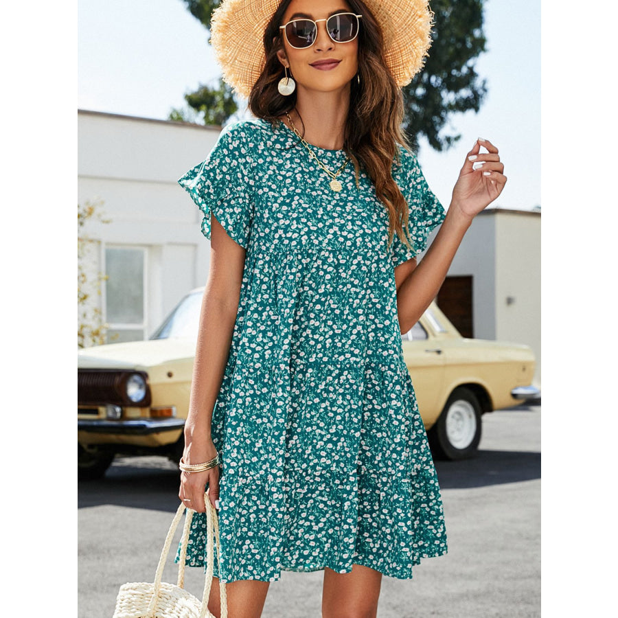 Leopard Short Flounce Sleeve Tiered Dress