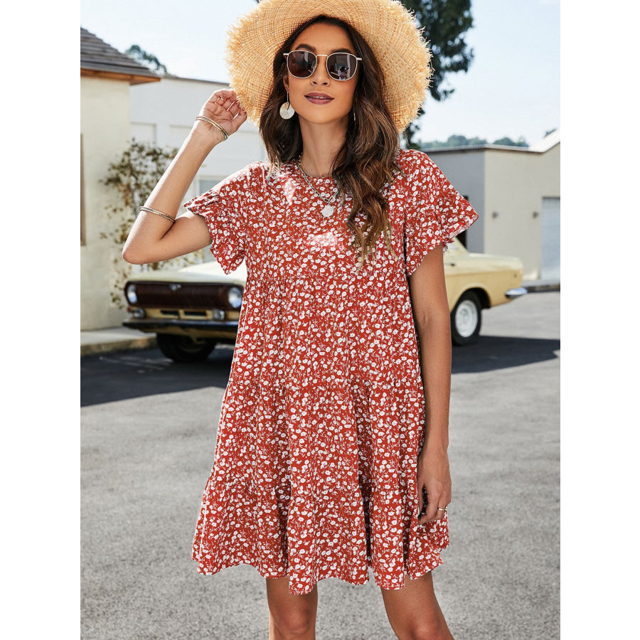 Leopard Short Flounce Sleeve Tiered Dress