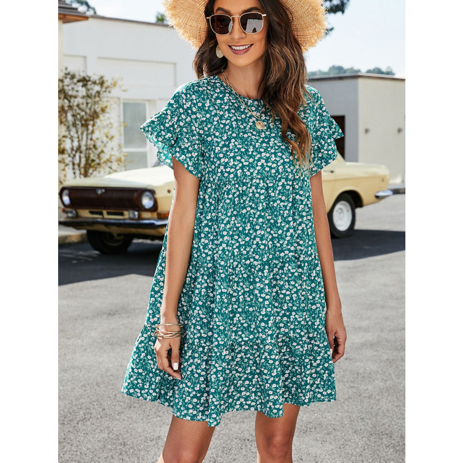 Leopard Short Flounce Sleeve Tiered Dress