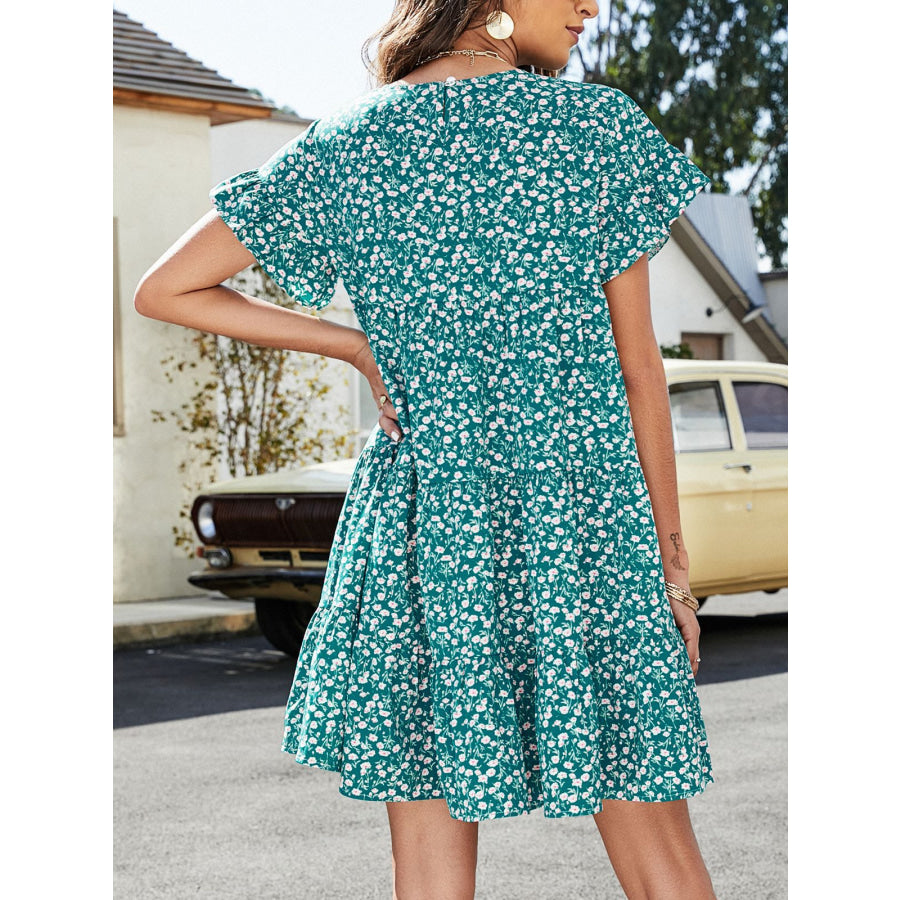 Leopard Short Flounce Sleeve Tiered Dress