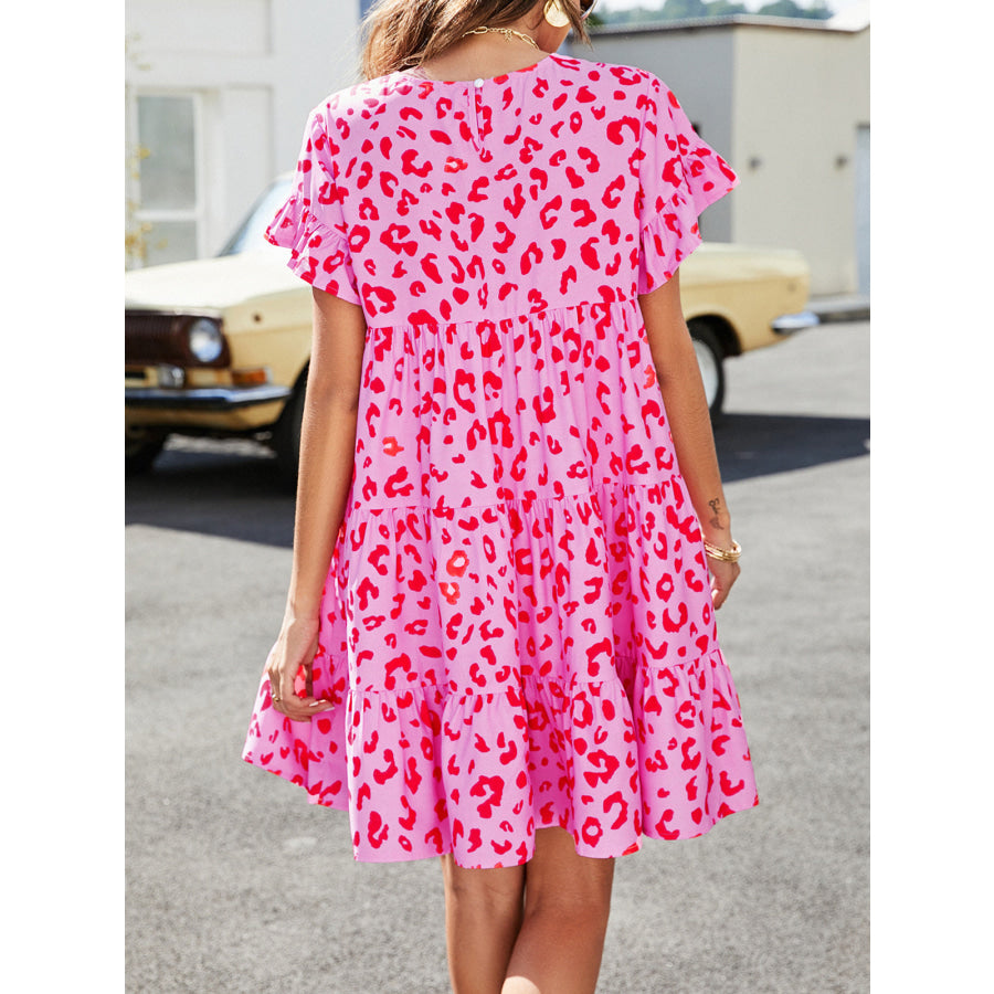 Leopard Short Flounce Sleeve Tiered Dress