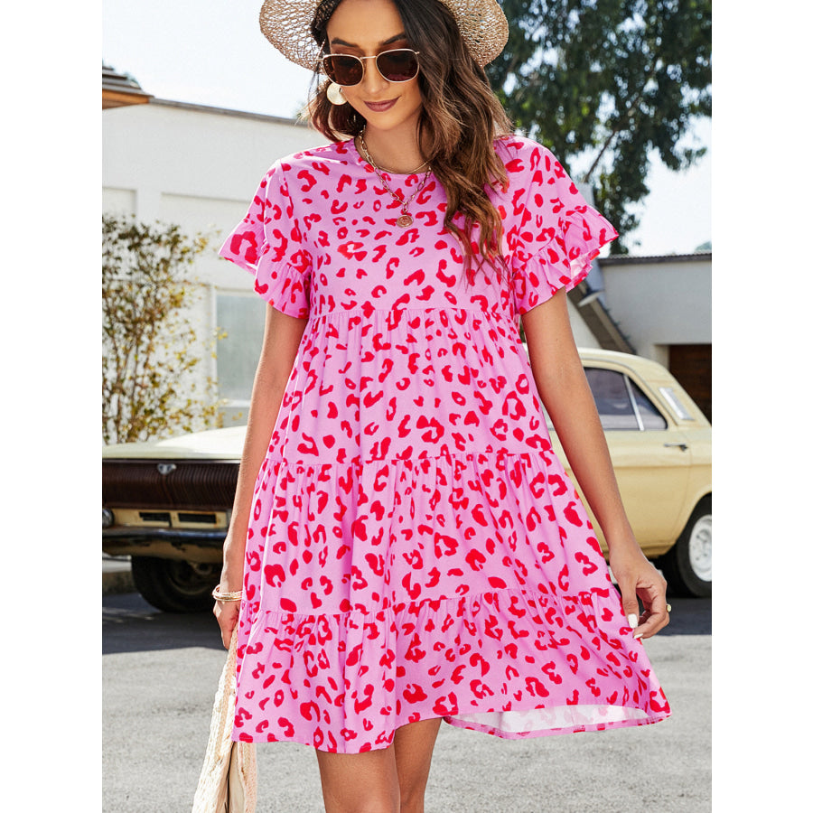 Leopard Short Flounce Sleeve Tiered Dress
