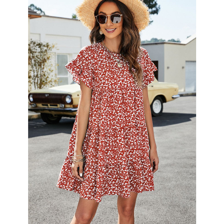 Leopard Short Flounce Sleeve Tiered Dress Wine / S