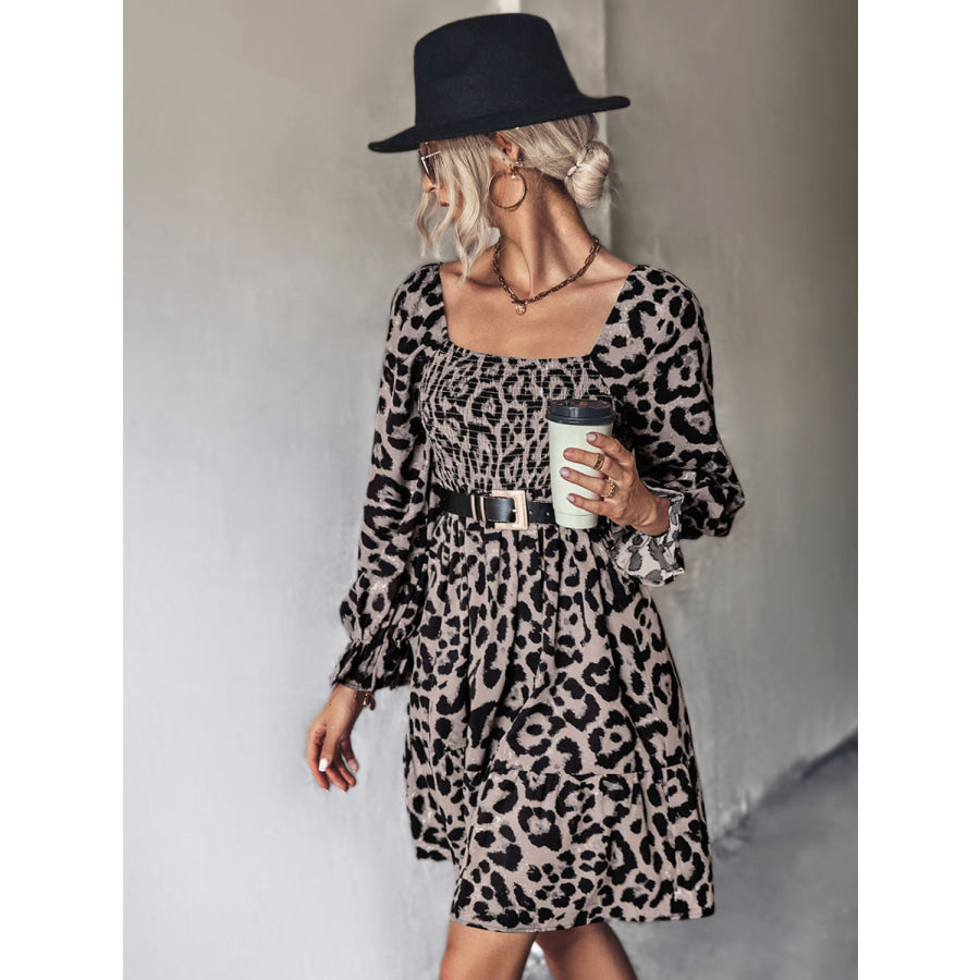 Leopard Smocked Flounce Sleeve Mini Dress Apparel and Accessories