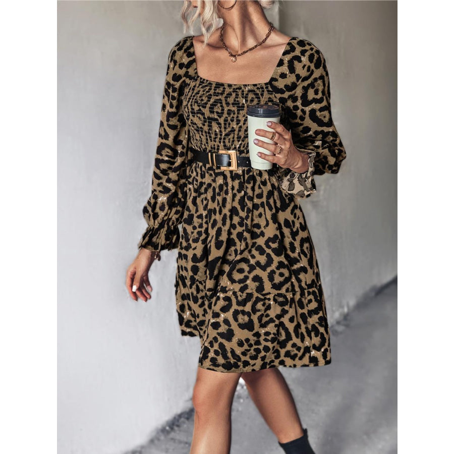 Leopard Smocked Flounce Sleeve Mini Dress Apparel and Accessories