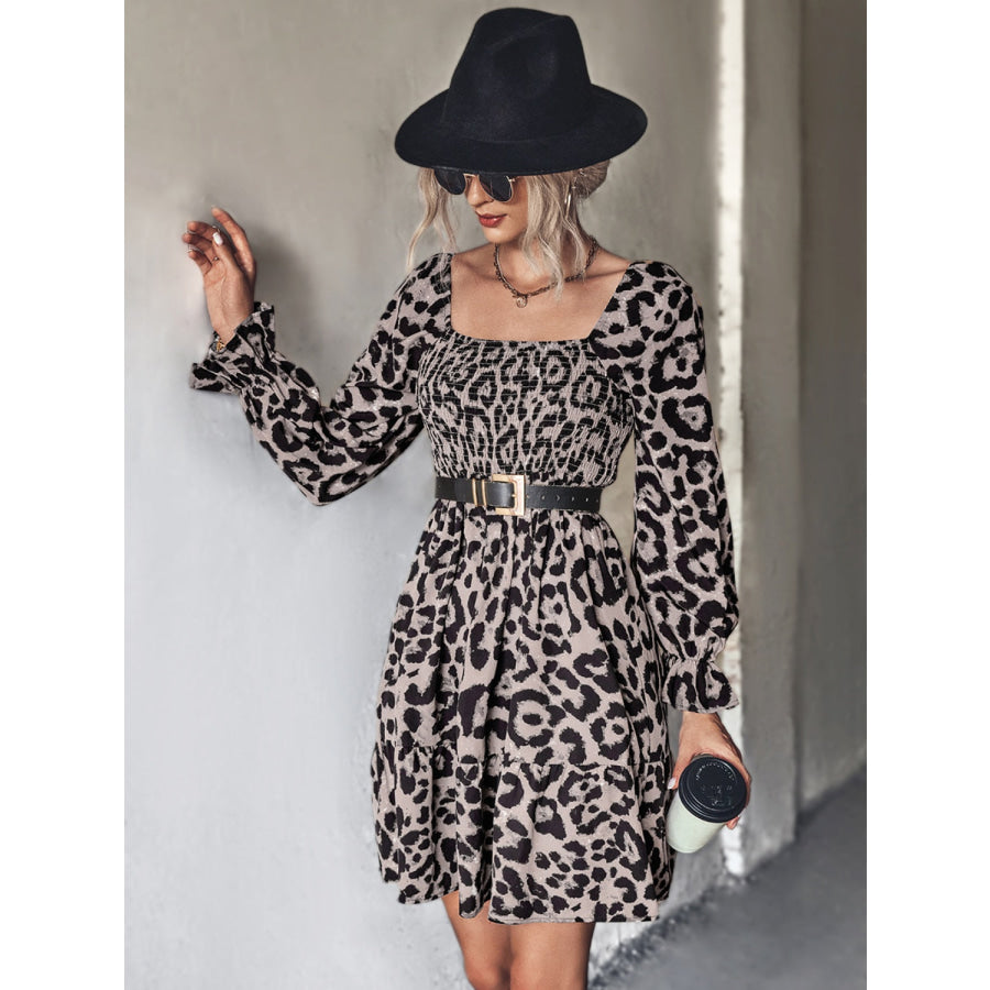 Leopard Smocked Flounce Sleeve Mini Dress Apparel and Accessories