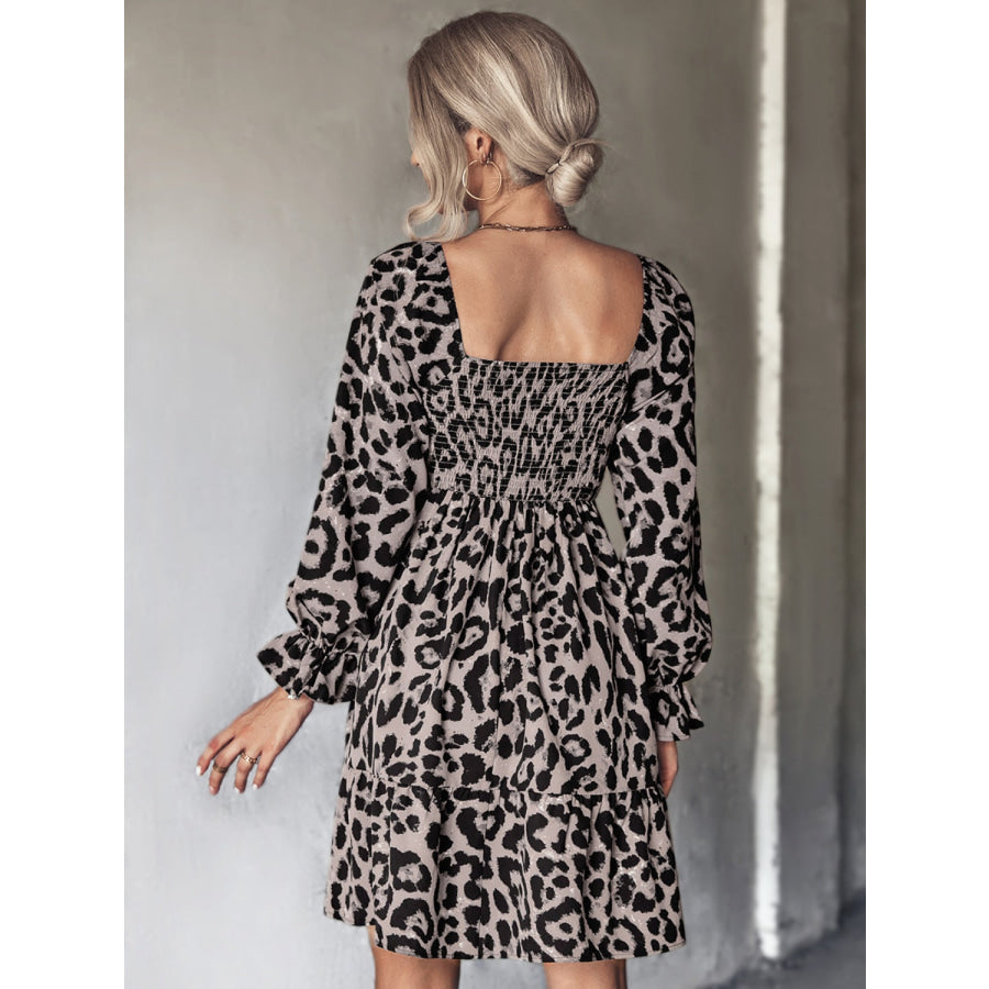 Leopard Smocked Flounce Sleeve Mini Dress Apparel and Accessories