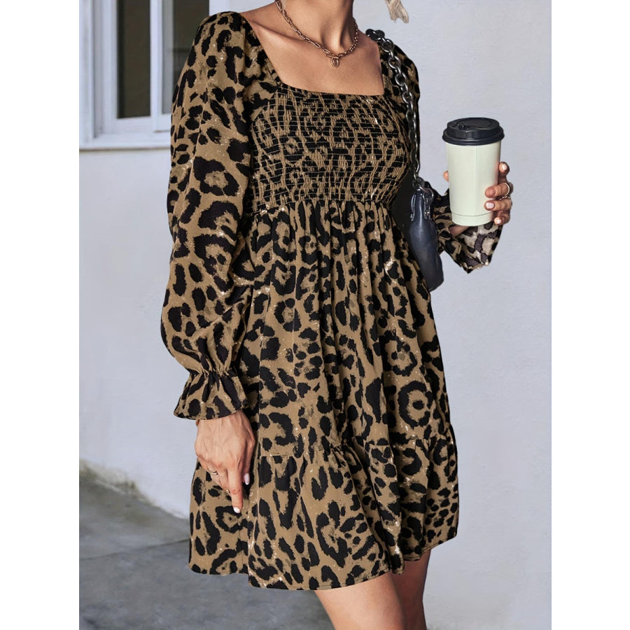 Leopard Smocked Flounce Sleeve Mini Dress Apparel and Accessories