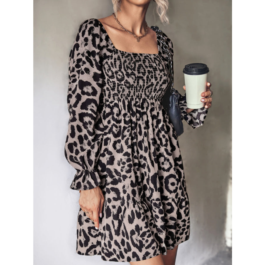 Leopard Smocked Flounce Sleeve Mini Dress Dark Gray / S Apparel and Accessories