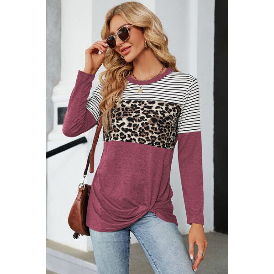 Leopard Striped Round Neck T - Shirt Apparel and Accessories